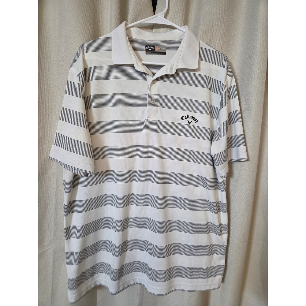 Callaway Opti-Dri Mens Large White Gray Striped Short Sleeve Golf Polo Shirt